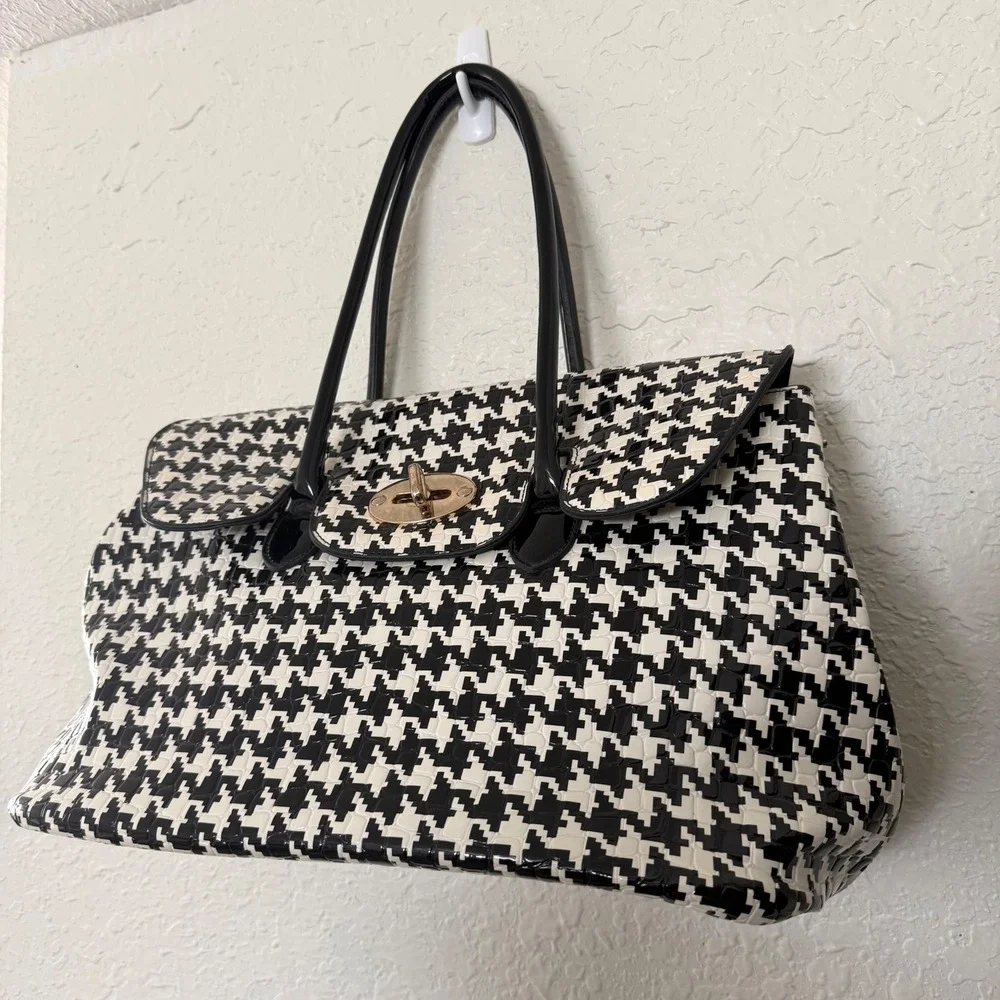 Unbranded Houndstooth Satchel Tote Womens Large Black White Glossy Patent Retro